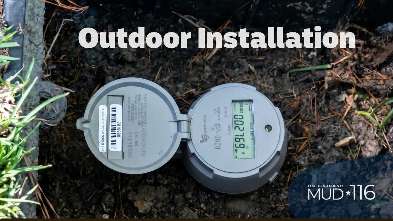 Smart water meter installed in a utility box outdoors, with the lid open to display a digital reading. Fort Bend County MUD 116 logo appears in the lower right corner.