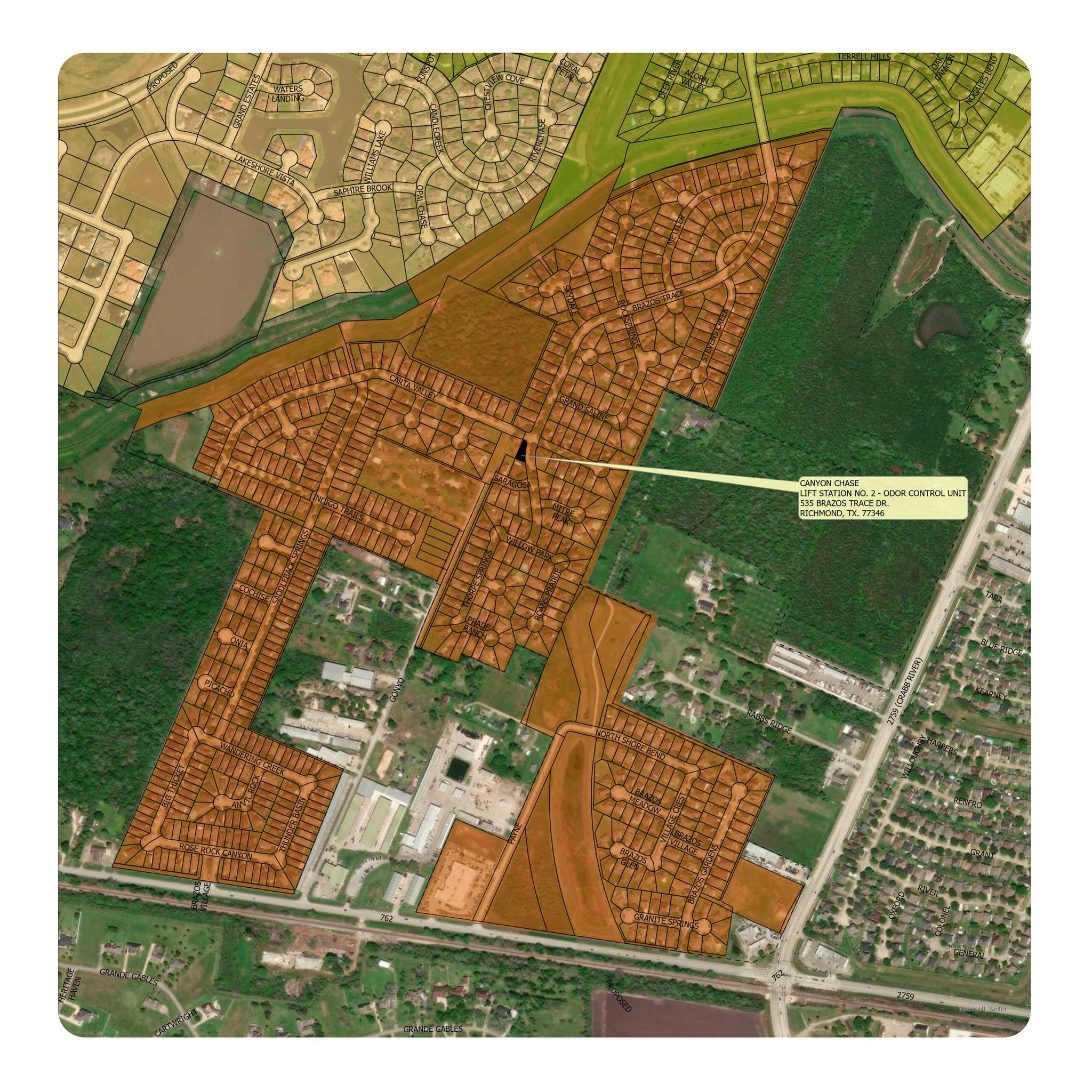 Aerial map highlighting the Canyon Chase residential area in orange. A callout points to Lift Station No. 2 at 535 Brazos Trace Drive in Richmond, Texas, for a new odor control unit project.
